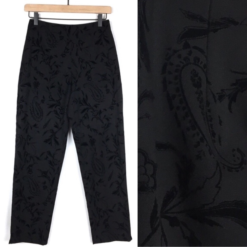 TALBOTS Pants Velvet Paisley Black Floral Print Ankle High Rise Petite Size 2P